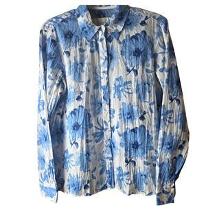 Liz Claiborne M Blue White Floral Cotton Button Front Blouse Shirt Cottagecore